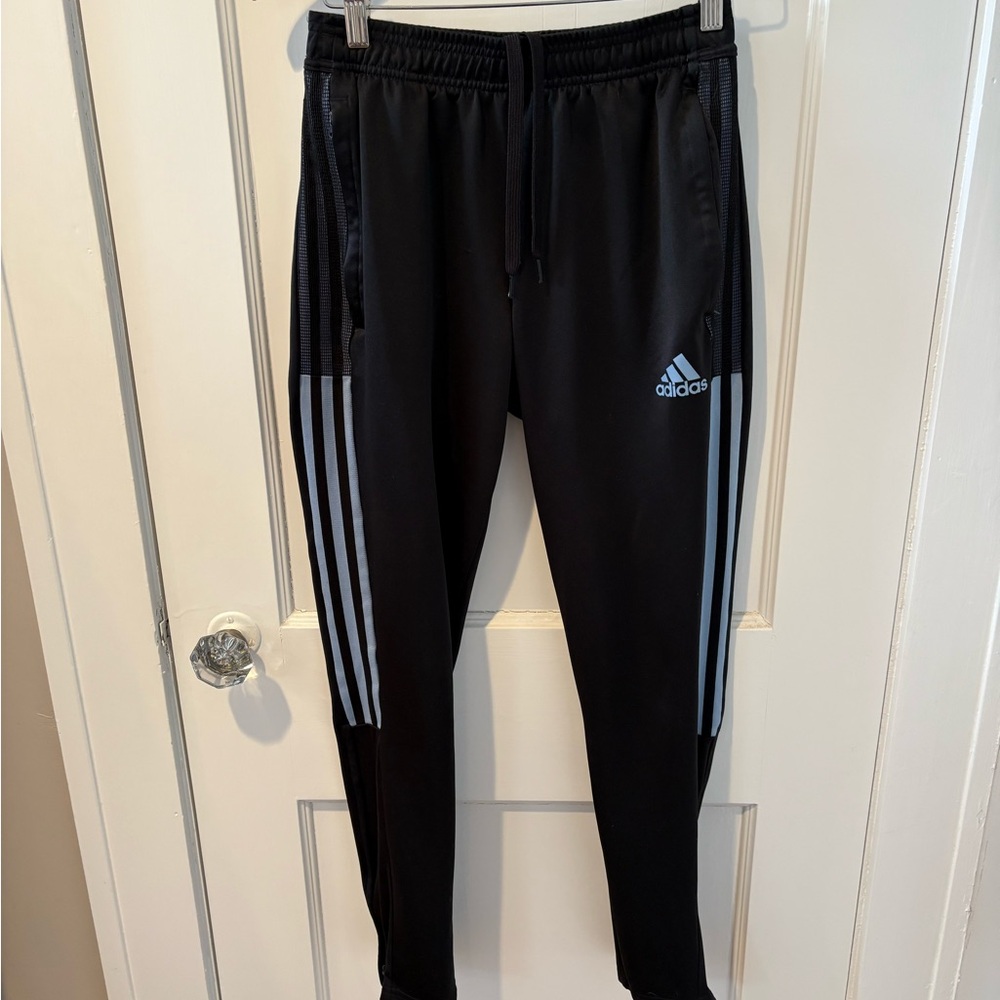 Adidas Kids Black Joggers with Blue Stripes